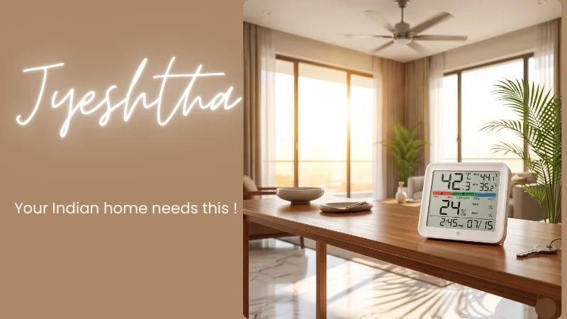 DeWire digital room thermometer and humidity monitor DeWire digital room thermometer and humidity monitor placed on a living room table showing high summer temperature and dry climate comfort indicator levels.
Indian home needs this during jyeshtha month