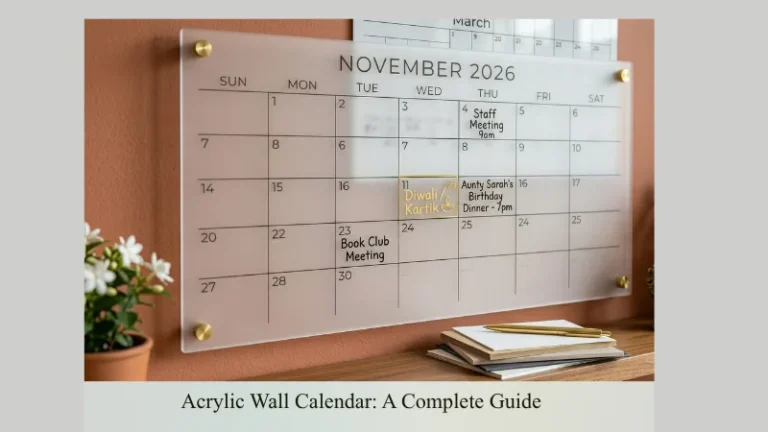 Clear floating acrylic wall calendar in a minimalist home office with orange accent dates