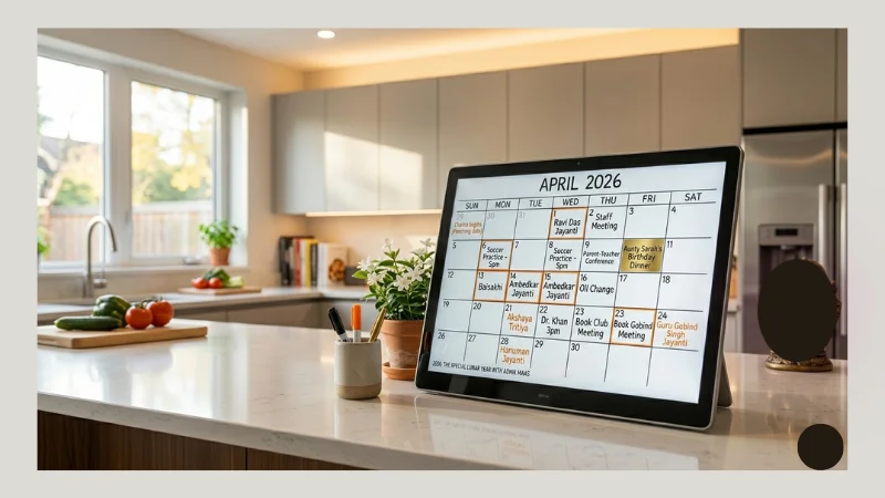 text Digital wall calendar display showing both Gregorian and Hindi calendar events in two color streams