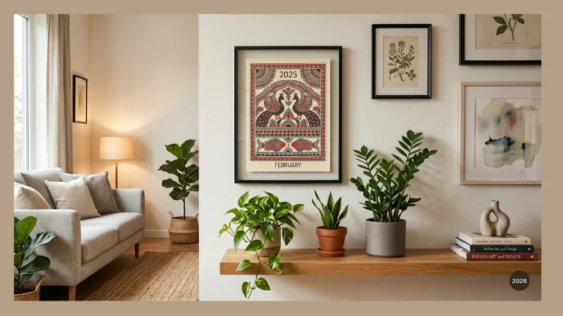 Madhubani art calendar page framed as wall art in a modern home interior
