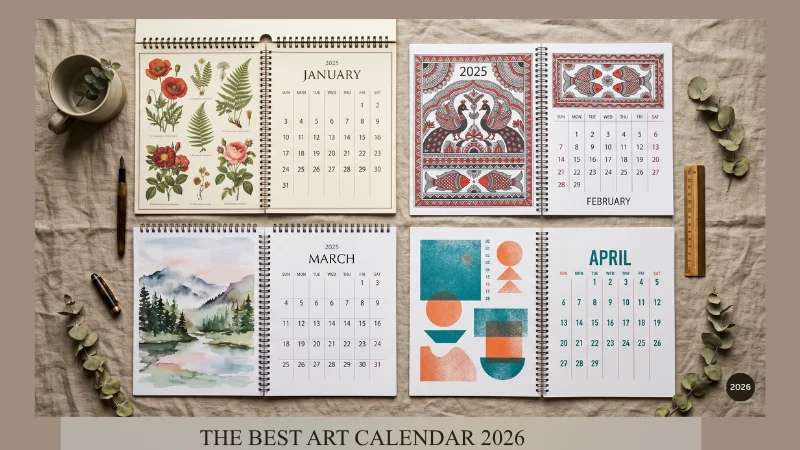 Four art wall calendar styles flat lay — botanical, Madhubani, watercolour, and risograph