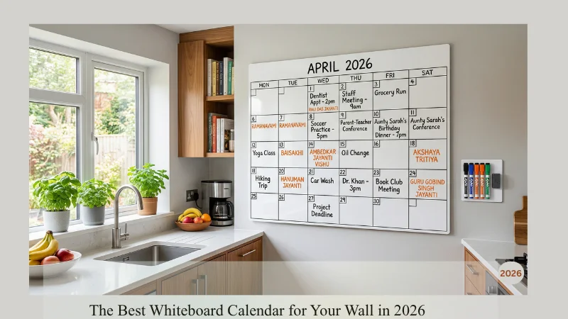 Large dry erase wall calendar in a home kitchen with Indian festival dates marked in orange