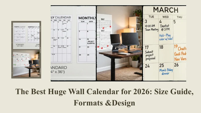 Large 48x36 inch wall calendar in kitchen showing June 2026 grid with Hindi month dates marked in orange