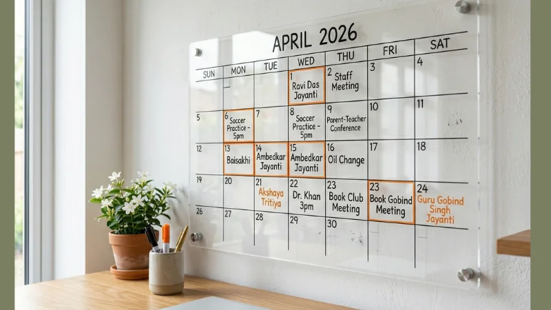 Frosted acrylic wall calendar with Diwali date marked in gold metallic pen