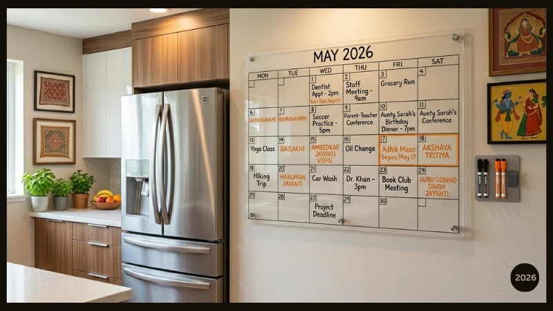 Large acrylic wall calendar in a modern kitchen with Hindi month dates marked in orange alongside Gregorian entries