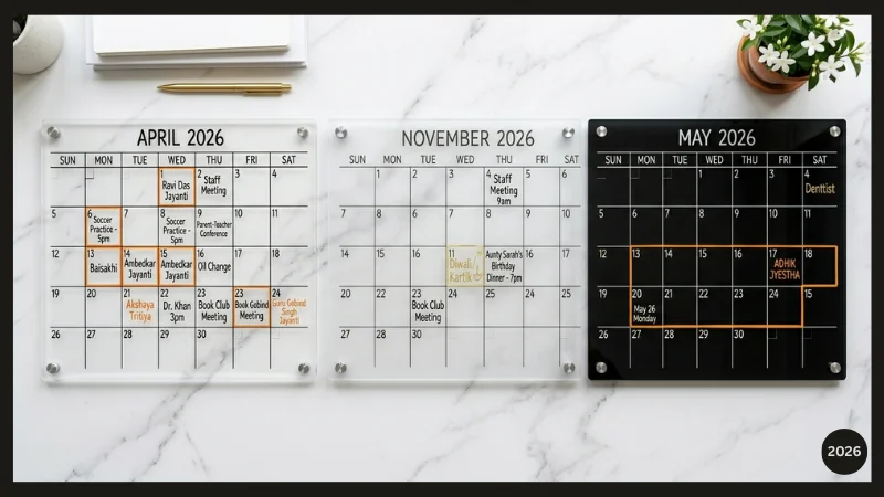Three acrylic wall calendar styles compared — clear, frosted, and tinted black panels