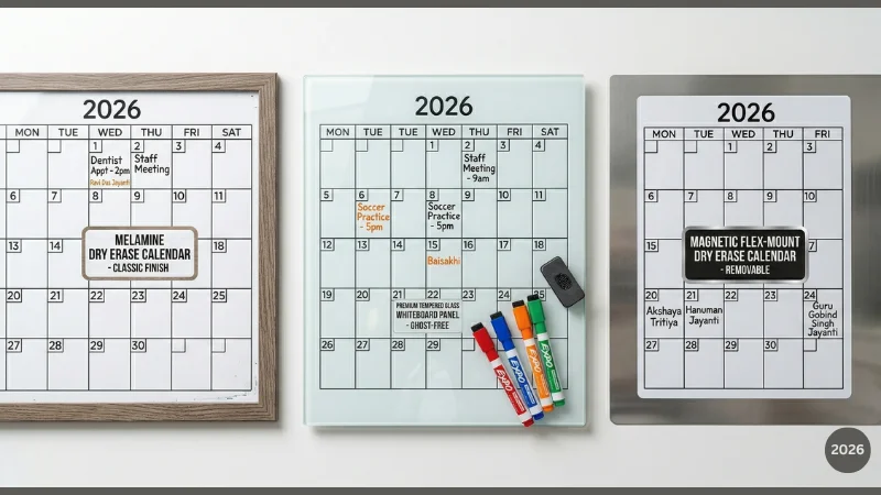 Three types of dry erase wall calendar surfaces compared — melamine, glass, and magnetic