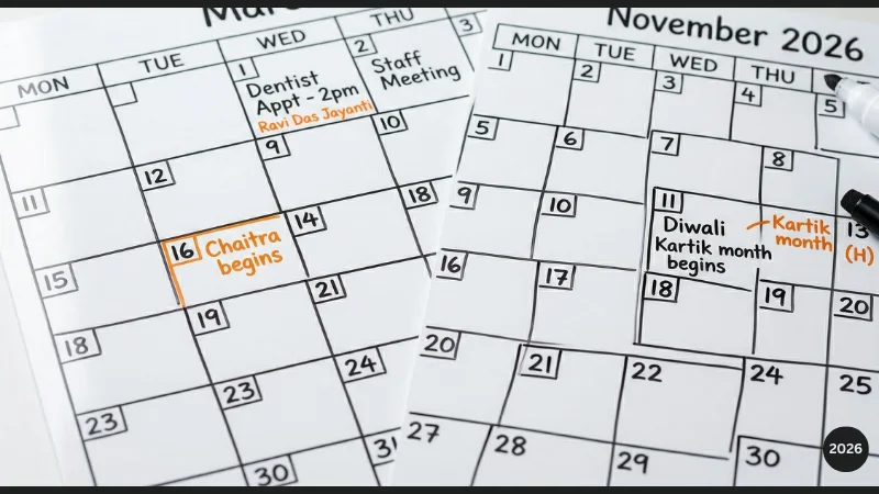 Whiteboard calendar showing Hindi month start dates annotated alongside Gregorian dates