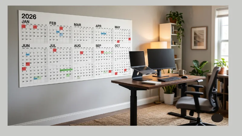 Large wall calendar showing three-color annotation system for Gregorian dates, Hindi month transitions, and family events"