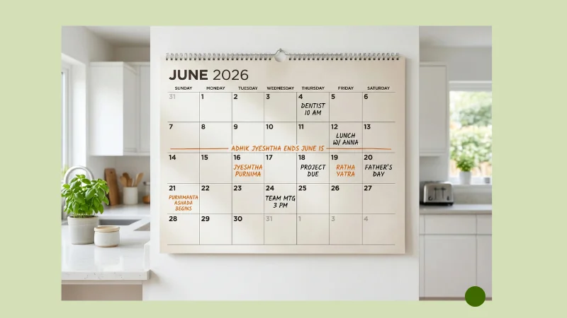 Large 48x36 inch wall calendar in kitchen showing June 2026 grid with Hindi month dates marked in orange"