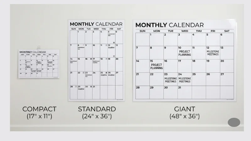 Three wall calendar sizes compared — compact, standard large, and giant format showing cell size difference