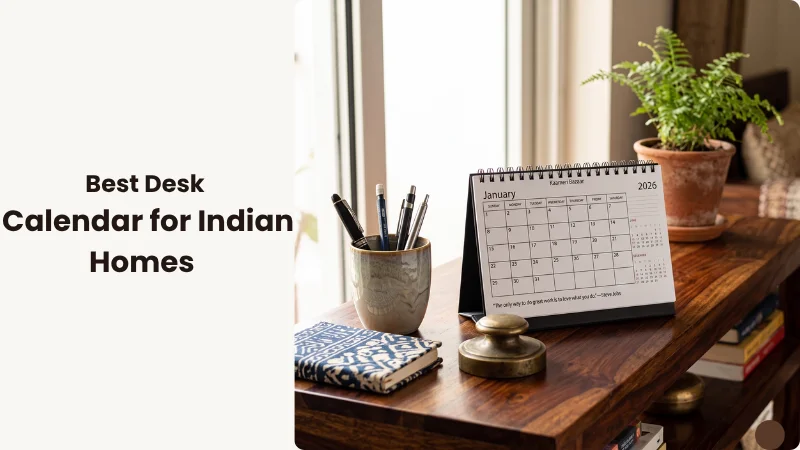 A5 black and white wiro desk calendar with motivational quotes on a teak wood console in a beautiful Indian home setting.