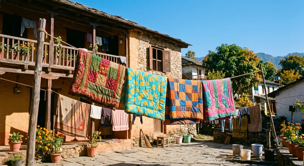 Ashvin Month in English: The Golden Transition of India’s Autumn 3 An Indian family airing out colorful winter quilts in the bright autumn sun during the traditional Ashvin month cleaning.this is what ashwin month in hindi symbolize in indian months in hindi.