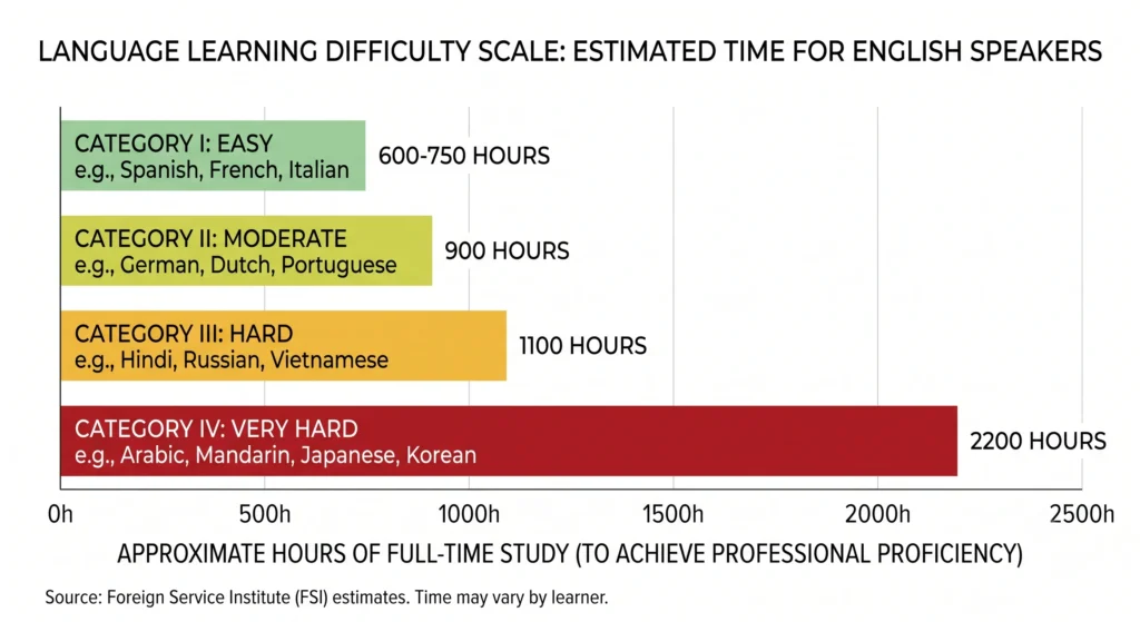 How to Learn Hindi: A Complete Roadmap for Adult Beginners 3 Horizontal bar chart infographic comparing FSI language difficulty tiers, highlighting Category III languages like Hindi, Russian, and Vietnamese in amber.