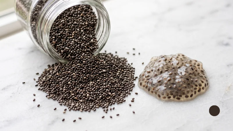 Seeds in Hindi: Names, Benefits & Best Season 3 Dry and soaked gel-like chia seeds spilling from a glass jar on white marble, representing chia seeds in Hindi.
