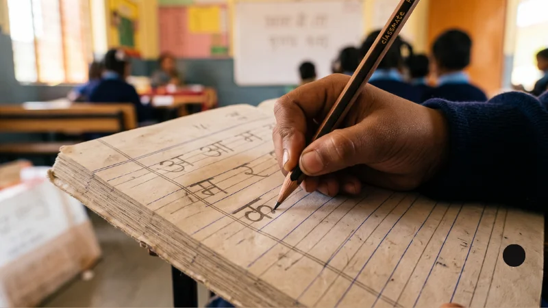 Hindi Alphabet — Varnamala or letters in Hindi 9 Child writing Hindi Devanagari letter ka in a 2-line school notebook"