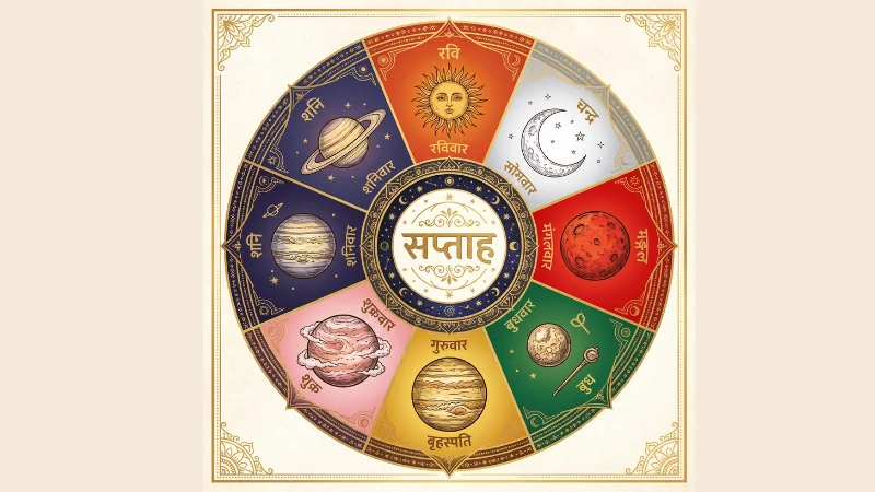 Circular Vedic mandala diagram showing the seven days of the week in Hindi, linked to their celestial bodies and Sanskrit names.