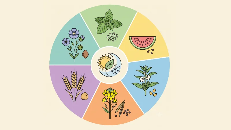 Seeds in Hindi: Names, Benefits & Best Season 15 Circular six-season Ritucharya wheel infographic on cream background showing simple line-icons for traditional seeds.