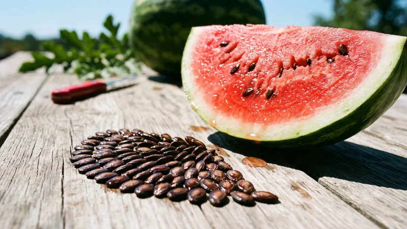 Seeds in Hindi: Names, Benefits & Best Season 14 Dark watermelon seeds fanned out next to a fresh-cut watermelon wedge in bright summer daylight, showing tarbuj ke beej.