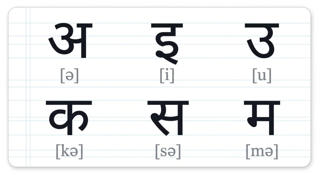 How to Learn Hindi: A Complete Roadmap for Adult Beginners 6 Educational flashcard design featuring Devanagari script characters centered on a faint blue-ruled notebook background with IPA pronunciation guides.