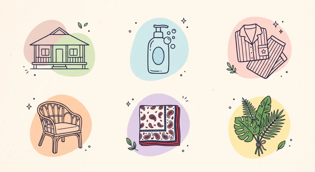 How to Learn Hindi: A Complete Roadmap for Adult Beginners 5 Flat-lay grid illustration of everyday items including pajamas, shampoo, a bungalow, and a veranda, representing common English loanwords derived from Hindi.