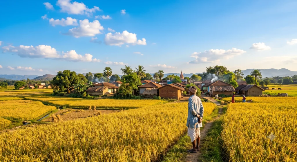 Ashvin Month in English: The Golden Transition of India’s Autumn 1 Golden paddy fields ready for harvest under a clear blue autumn sky in India during the Ashvin month in india .