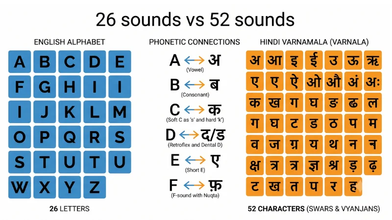 Hindi Alphabet — Varnamala or letters in Hindi 7 Hindi Varnamala vs English alphabet — 52 letters vs 26 letters comparison