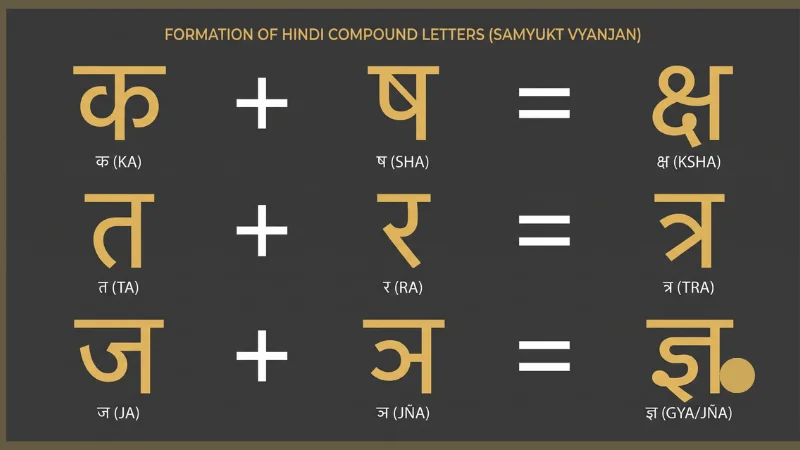 Hindi Alphabet — Varnamala or letters in Hindi 12 Hindi compound consonants formation — ksha, tra, gya combining two letters