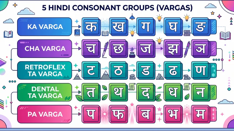 Hindi Alphabet — Varnamala or letters in Hindi 4 Hindi consonant groups diagram — 5 Varga groups color coded by articulation