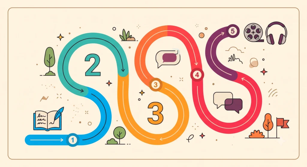 How to Learn Hindi: A Complete Roadmap for Adult Beginners 4 A 5-stage language learning roadmap infographic featuring a winding path with icons representing script study, numbers, grammar, conversation, and media immersion.