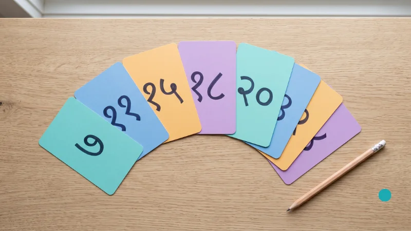 Hindi Numbers 1 to 100 (Ginti): Complete Pronunciation Guide 10 Hindi number flashcards laid out for study — Devanagari numerals learning cards