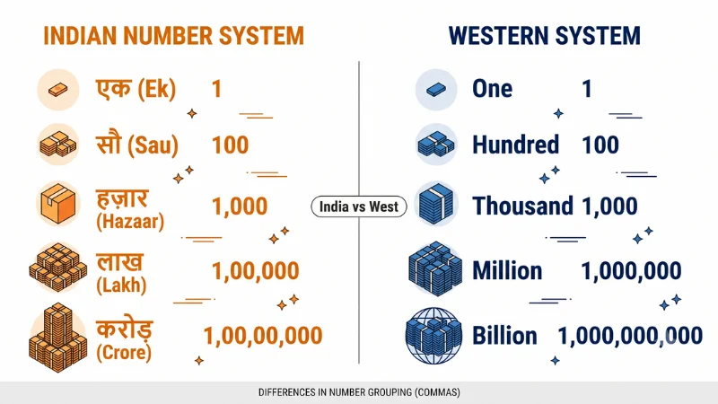 Hindi Numbers 1 to 100 (Ginti): Complete Pronunciation Guide 5 India number system vs Western — Lakh and Crore vs Million and Billion comparison chart"