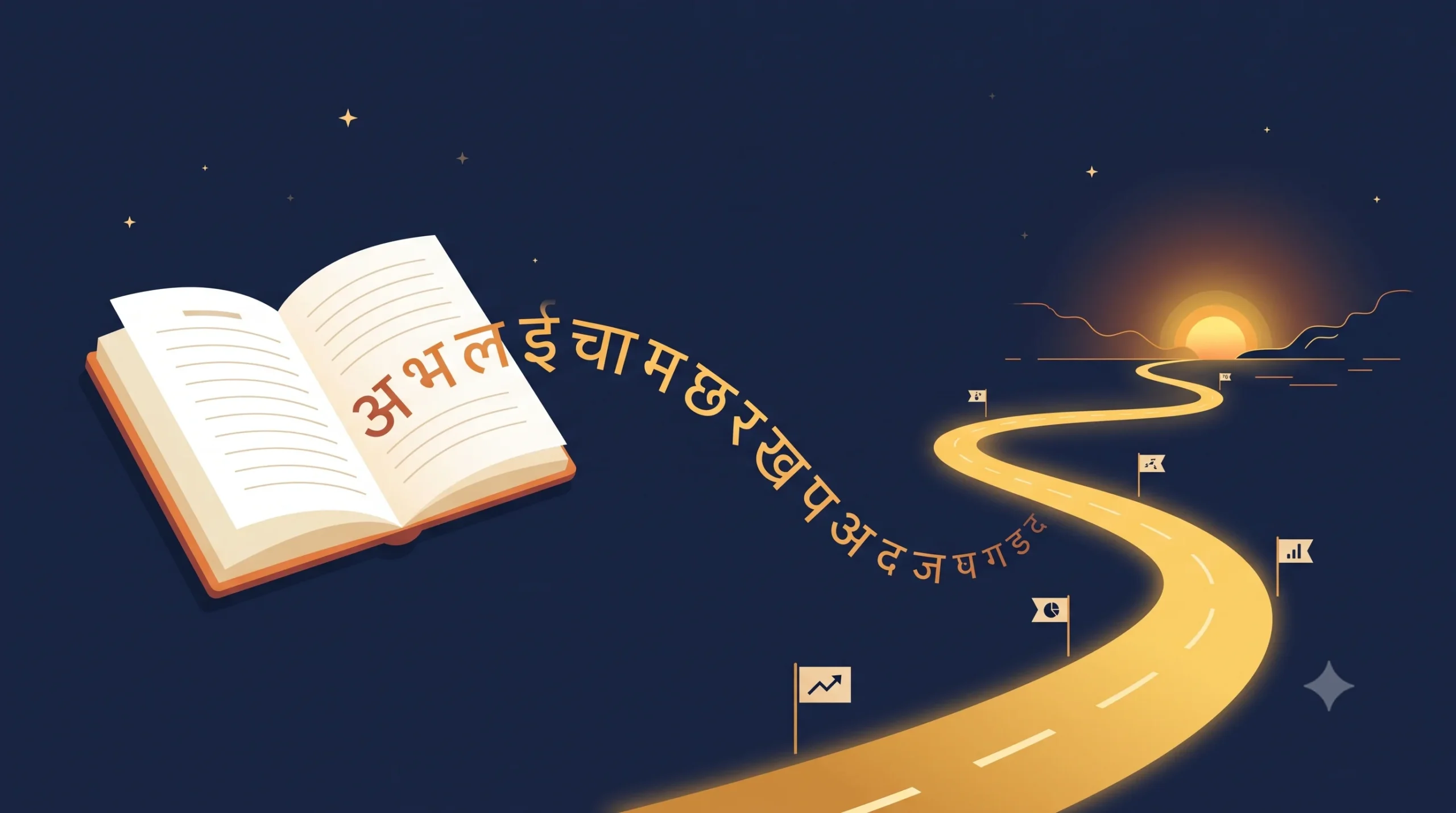 How to Learn Hindi: A Complete Roadmap for Adult Beginners 2 Flat design illustration of an open notebook on a dark navy background with Devanagari script letters transforming into a golden road winding toward a glowing sunrise.