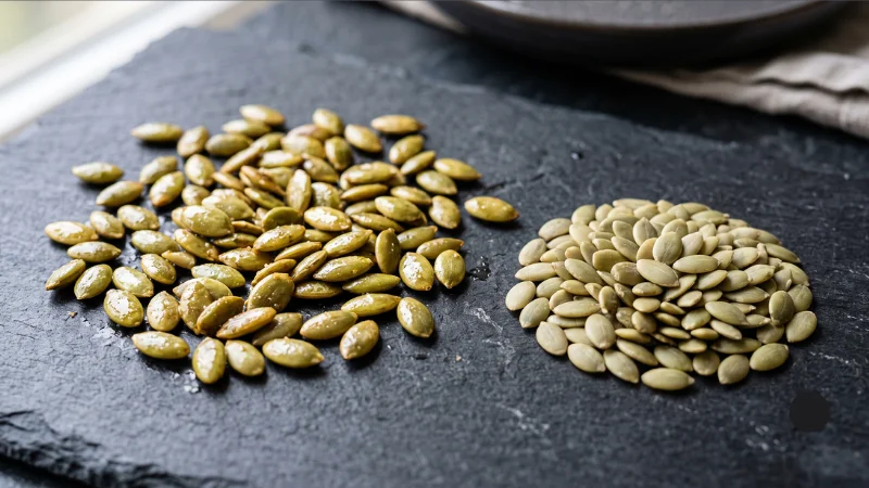 Seeds in Hindi: Names, Benefits & Best Season 4 Roasted green pepitas and raw cream-colored pumpkin seeds on dark slate, showcasing kaddu ke beej.