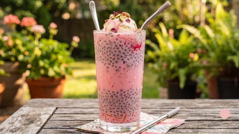 Seeds in Hindi: Names, Benefits & Best Season 5 Swollen translucent sabja seeds suspended in a pink falooda drink with condensation under warm summer light.