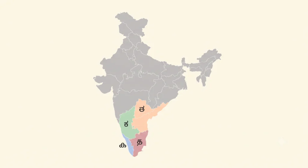 How to Learn Hindi: A Complete Roadmap for Adult Beginners 7 Stylized infographic map of India highlighting South Indian states in pastel colors with regional language script characters to show translation bridges.