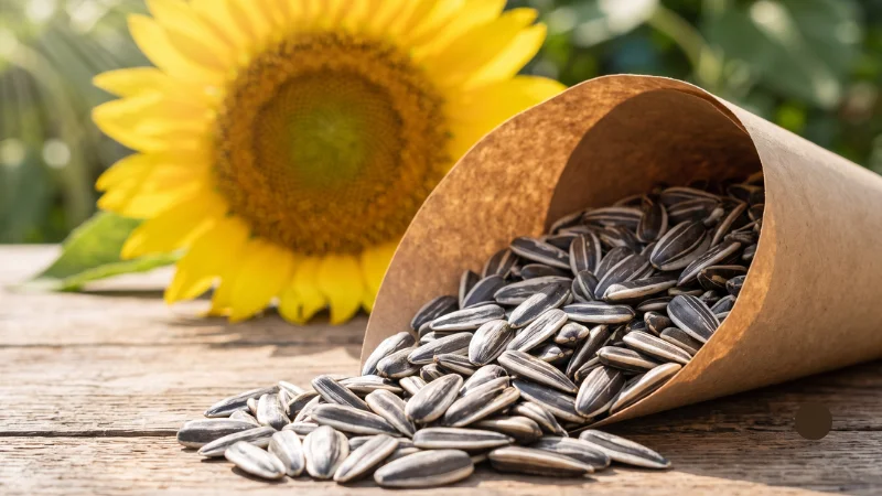 Seeds in Hindi: Names, Benefits & Best Season 9 Striped sunflower seeds spilling from a paper cone with a blurred sunflower in the background, showing surajmukhi ke beej.