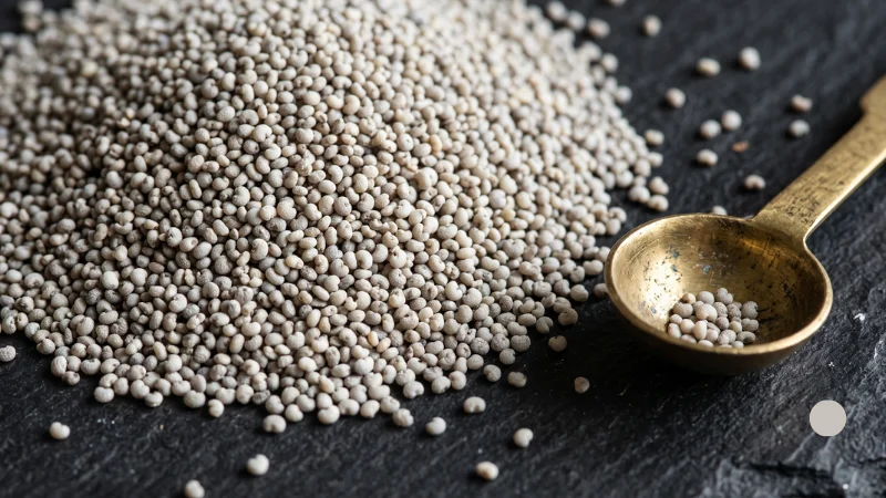 Seeds in Hindi: Names, Benefits & Best Season 11 Tiny pale grey-white poppy seeds in extreme macro detail on black slate with a brass measuring spoon, showing khaskhas.