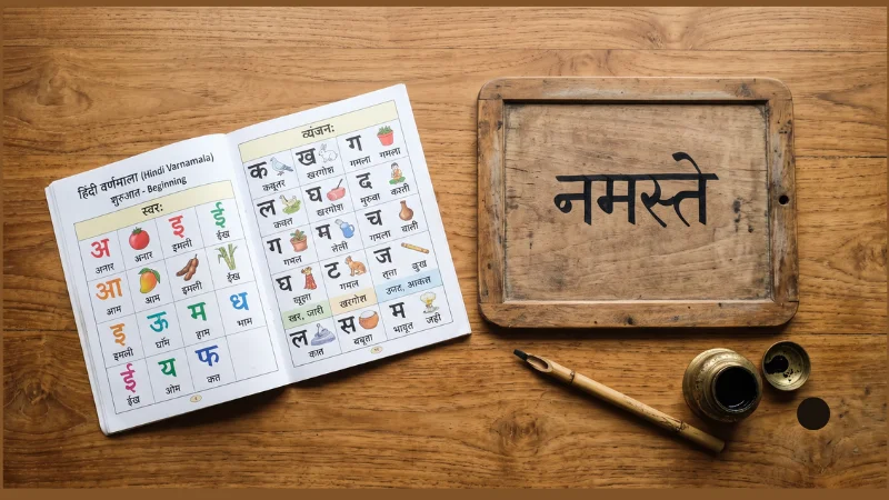 Hindi Alphabet — Varnamala or letters in Hindi 1 Traditional Hindi writing tools — kalam pen, brass inkwell, takhti slate and Varnamala workbook