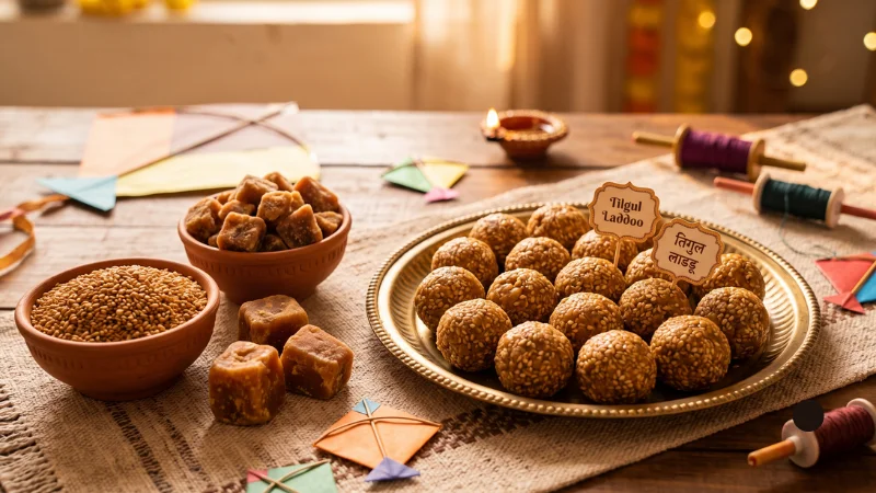 Seeds in Hindi: Names, Benefits & Best Season 13 Warm caramel sesame seeds paired with jaggery blocks and tilgul laddoos for Makar Sankranti, showing til in Hindi.
