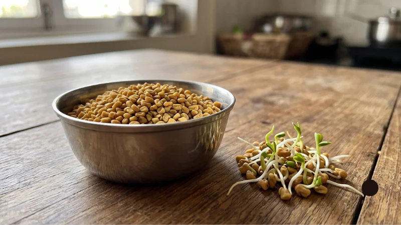 Seeds in Hindi: Names, Benefits & Best Season 12 Yellow-brown fenugreek seeds in a steel bowl beside sprouted methi seeds with green shoots, showing methi dana.