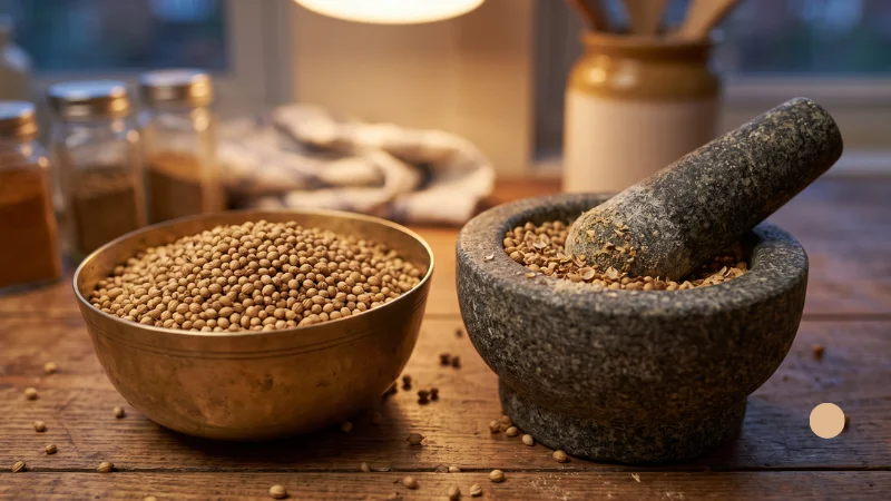 Seeds in Hindi: Names, Benefits & Best Season 8 Whole tan coriander seeds in a brass katori beside partially crushed seeds in a mortar, representing dhania ke beej.