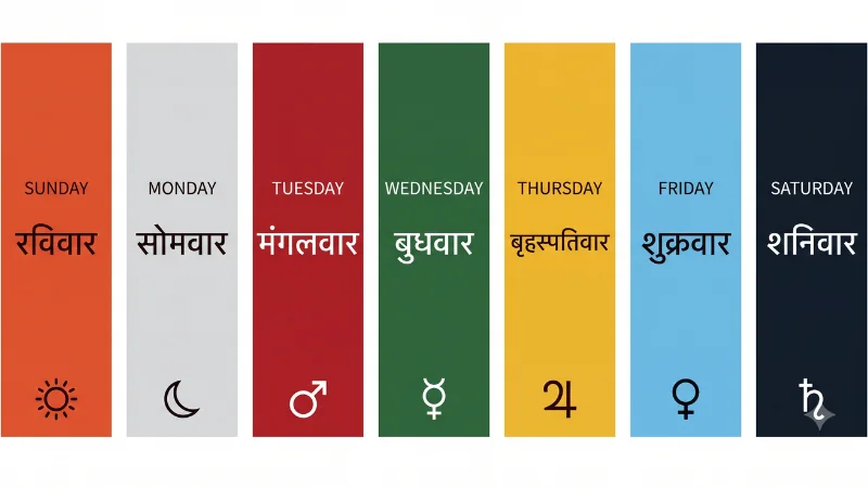 Educational chart showing the seven days of the week in English and Hindi, matching traditional Hindu colors and planet symbols.