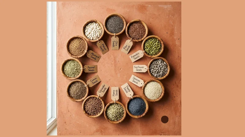 Seeds in Hindi: Names, Benefits & Best Season 2 overhead flat-lay of 12 essential Indian seeds in labeled wooden bowls on a terracotta surface, showcasing the complete translation guide.